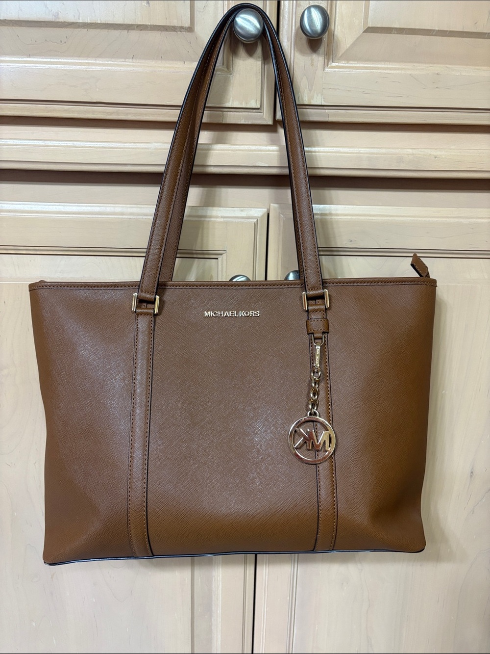 Michael Kors Cognac Leather Saffiano Tote with MK Charm